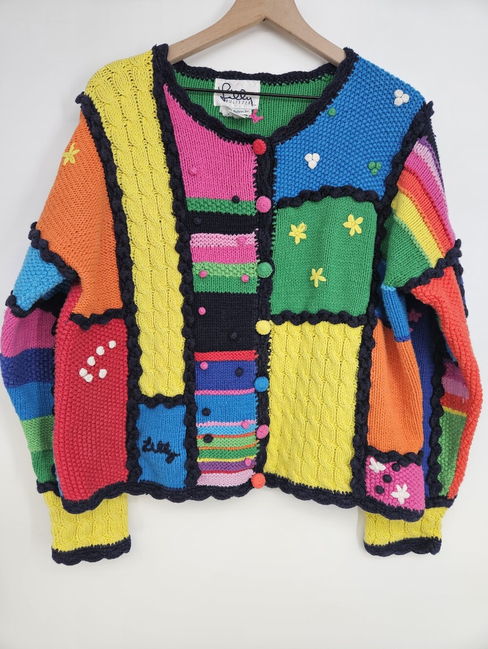 Lilly Pulitzer Vintage White Label 80s 90s Colorful Patchwork Cotton Cardigan